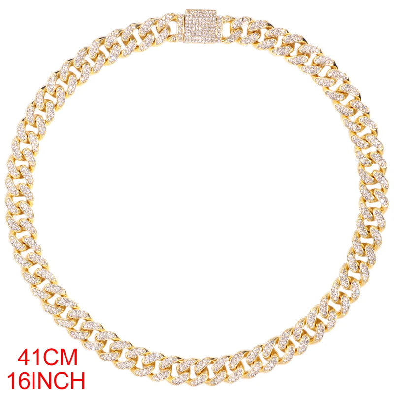 Bling Iced Out Cuban Chain Silver Rhinestone Paved Miami Metal Necklace