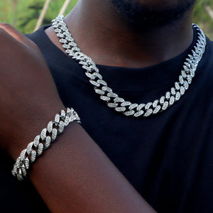 Bling Iced Out Cuban Chain Silver Rhinestone Paved Miami Metal Necklace