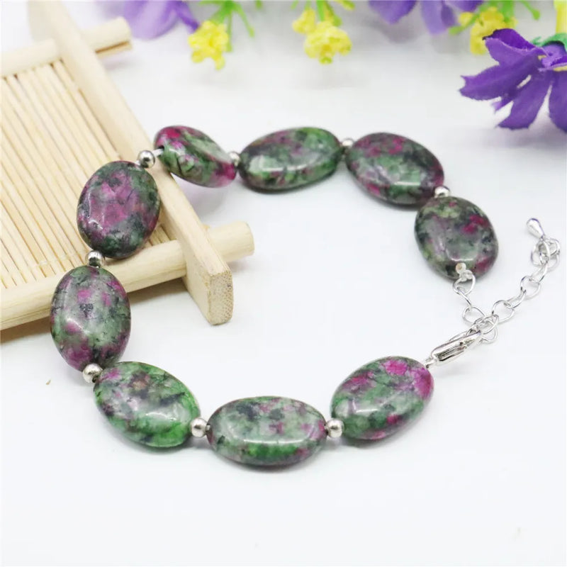 Oval Epidote Bracelet Natural Stone Alloy Septal Beads Hand DIY