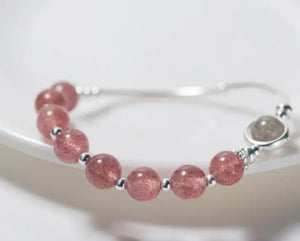 925 Silver Moonstone & Strawberry Quartz Bangle Bracelet