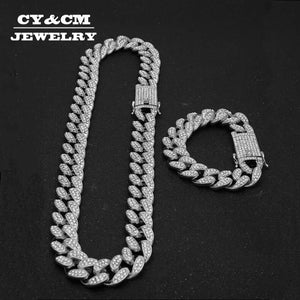 13mm Iced Out Cuban Necklace Chain Silver CZ Clasp Hip Hop Jewelry Choker