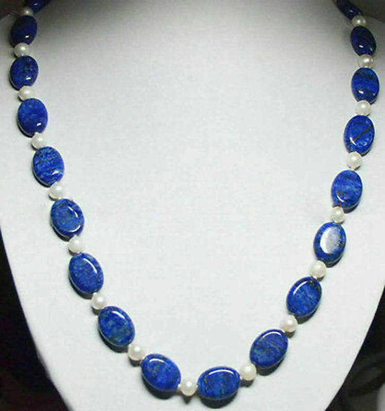 Oval Lapis Lazuli & White Pearl Necklace 18"