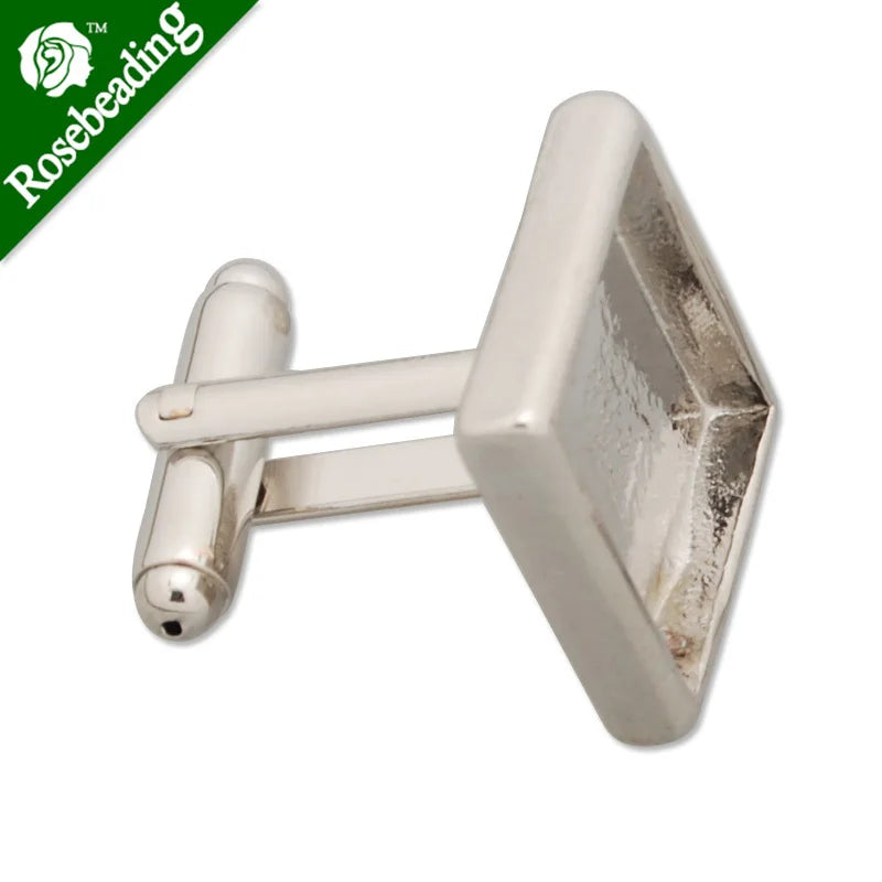 Square Rhodium Plated Cufflink Blanks 14mm Bezel Setting 10pcs