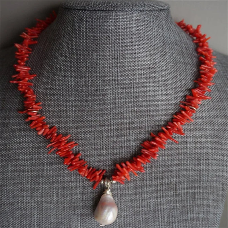 Baroque Pearl Pendant Red Coral Necklace 18inches Woman Noble Jewelry