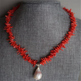 Baroque Pearl Pendant Red Coral Necklace 18inches Woman Noble Jewelry