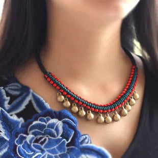 Exotic Vintage Choker Necklace Ethnic Chinese Red Statement Bell