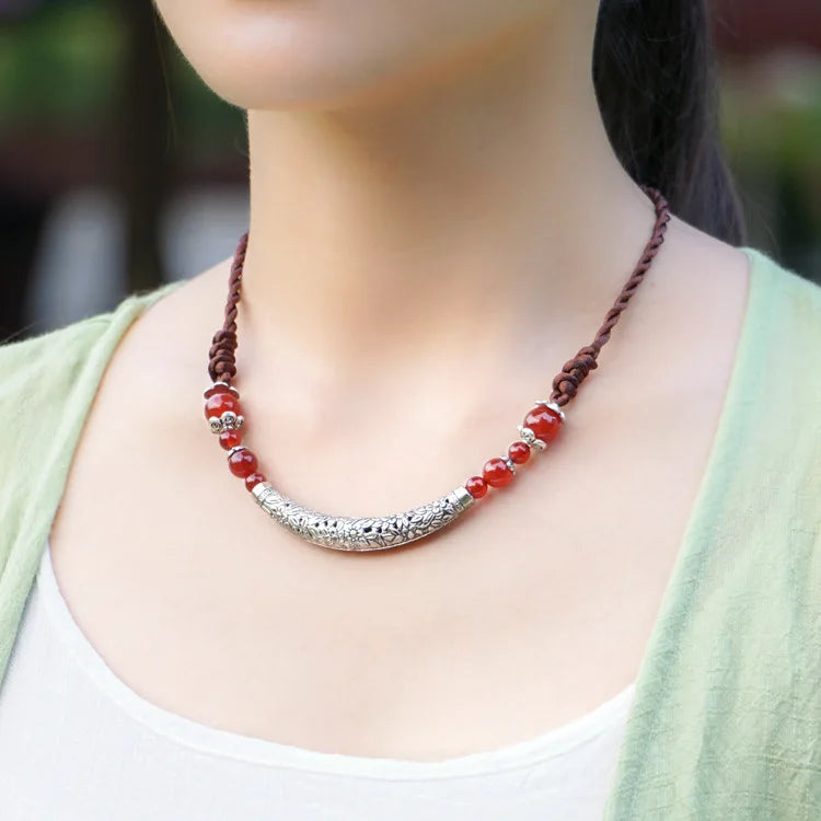 Exotic Vintage Choker Necklace Ethnic Chinese Red Statement Bell