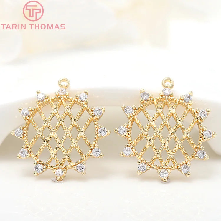 4PCS 16x18MM 24K Brass Zircon Grid Charm Pendants for Jewelry Making