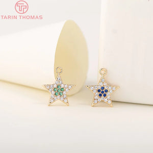 4PCS 15MM 24K Plated Brass Star Charms Pendants Zircon DIY Jewelry