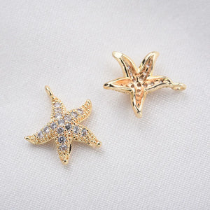 6PCS 24K Brass Zircon Starfish Charms Pendants for DIY Jewelry Findings