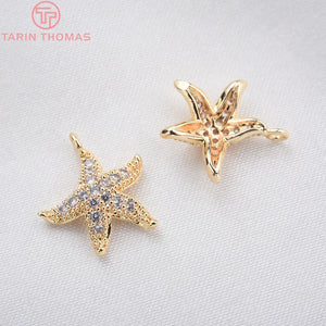 6PCS 24K Brass Zircon Starfish Charms Pendants for DIY Jewelry Findings
