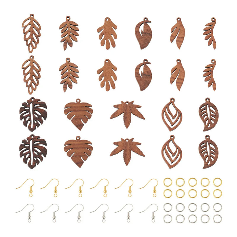 144Pcs Natural Wood Leaf Drop Charms Earring Making Kit