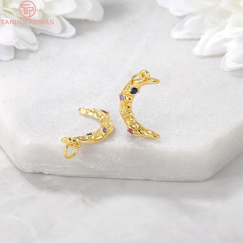 4PCS 18x2MM 24K Plated Brass Moon Charms Pendants with Zircon
