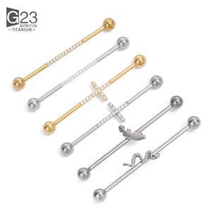 G23 Titanium CZ Industrial Feather Barbell Earring