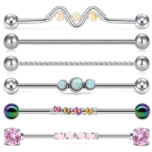 6pc Stainless Steel Industrial Barbell Earring Cartilage Body Piercing Set