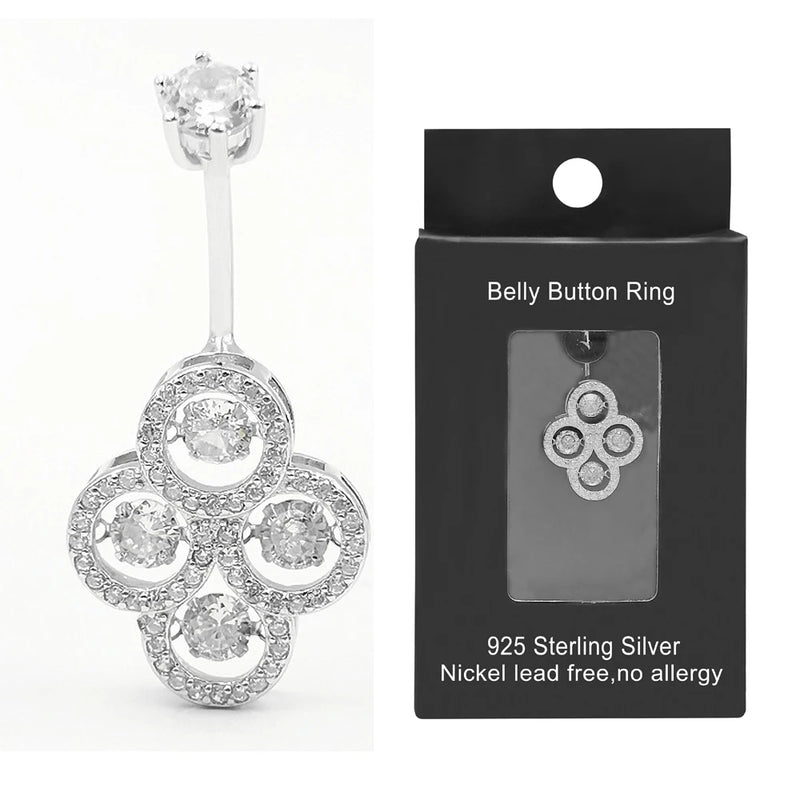 925 Silver CZ Belly Button Ring Navel Dangle Barbell Body Jewelry