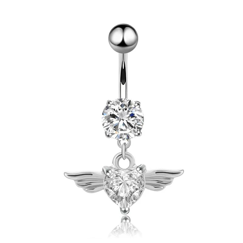 Heart Wing Crystal Navel Belly Button Ring Barbell Body Piercing