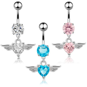 Heart Wing Crystal Navel Belly Button Ring Barbell Body Piercing