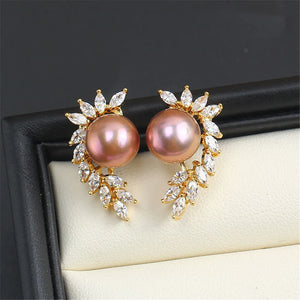 14K Copper Wrapped Flower Earrings Hollow Zircon Pearl DIY Accessories