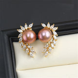 14K Copper Wrapped Flower Earrings Hollow Zircon Pearl DIY Accessories