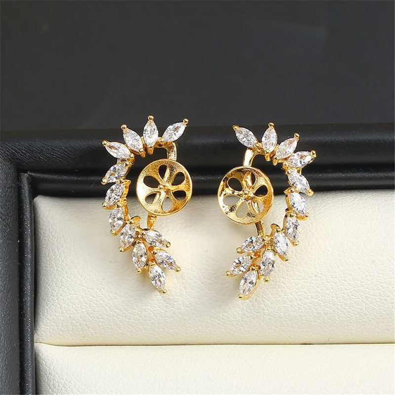 14K Copper Wrapped Flower Earrings Hollow Zircon Pearl DIY Accessories