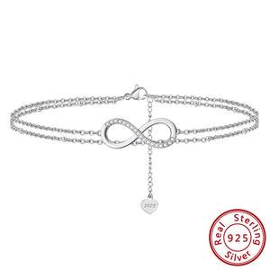 14K 925 Silver Double Rows Infinite Love Knot CZ Anklet Bracelet
