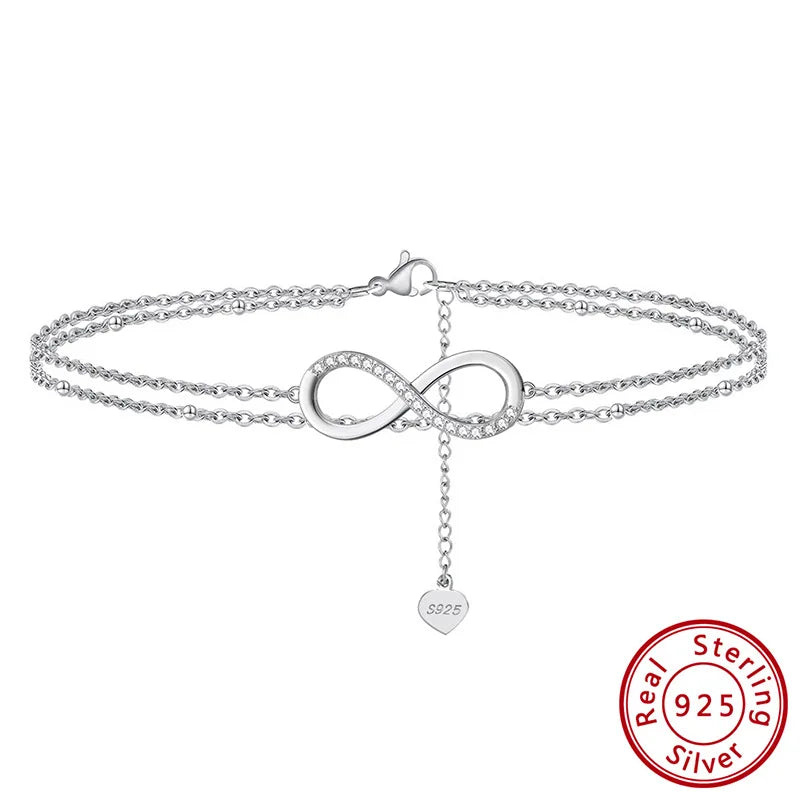 14K 925 Silver Double Rows Infinite Love Knot CZ Anklet Bracelet