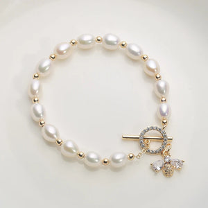 14K Filled Freshwater Pearl Bracelet with Bee Zircon Inlay