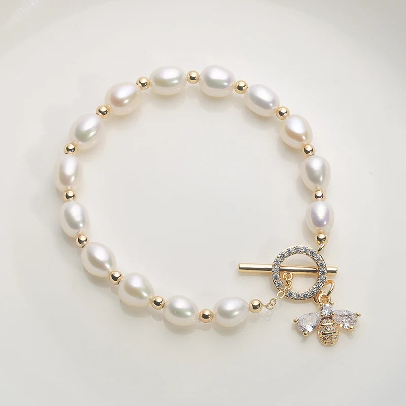 14K Filled Freshwater Pearl Bracelet with Bee Zircon Inlay