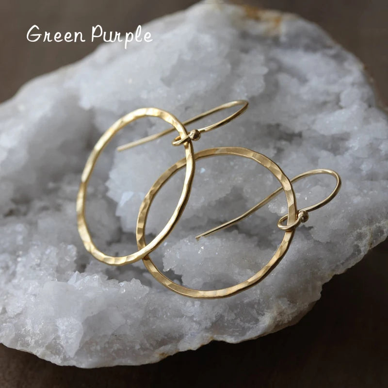 14K Filled Hammered Circle Earrings Minimalist Vintage Women Drop