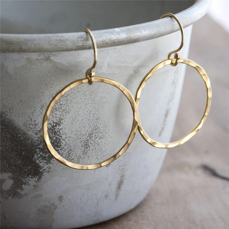14K Filled Hammered Circle Earrings Minimalist Vintage Women Drop