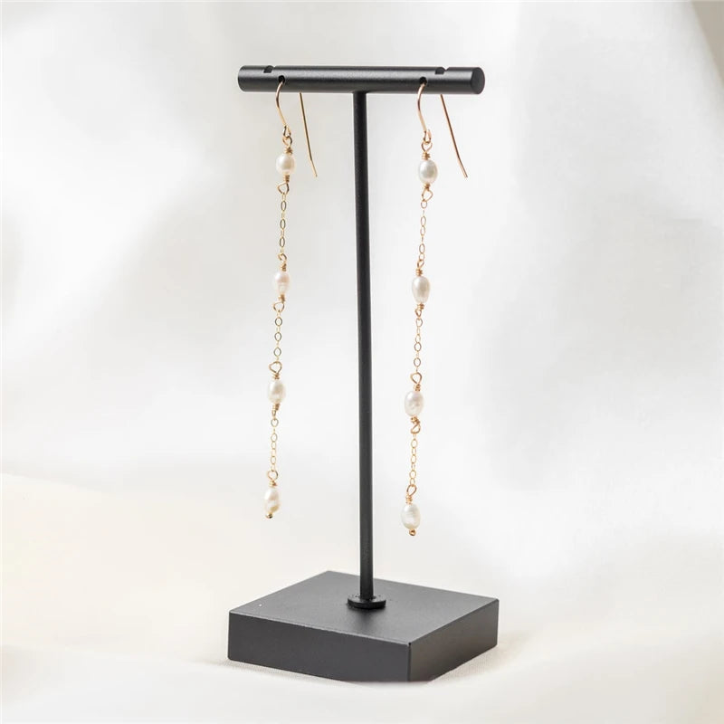 14K Pearl Earrings Vintage Boho Long Tassel Jewelry