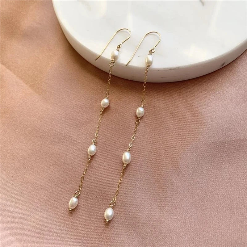 14K Pearl Earrings Vintage Boho Long Tassel Jewelry