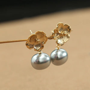 14K Beizhu Flower Earrings, Color-Preserved, Female Jewelry