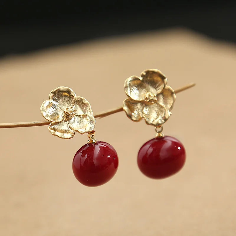 14K Beizhu Flower Earrings, Color-Preserved, Female Jewelry