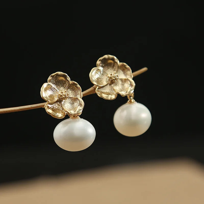 14K Beizhu Flower Earrings, Color-Preserved, Female Jewelry