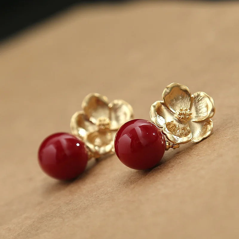 14K Beizhu Flower Earrings, Color-Preserved, Female Jewelry