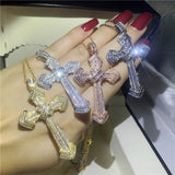 14K Long Cross Pendant Tibetan Silver S925 CZ Necklace Women Men Party Jewelry