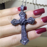 14K Long Cross Pendant Tibetan Silver S925 CZ Necklace Women Men Party Jewelry