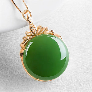 14K Emerald Inlaid Pendant Necklace Hand-Carved Jewelry