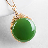 14K Emerald Inlaid Pendant Necklace Hand-Carved Jewelry
