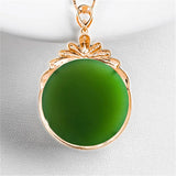 14K Emerald Inlaid Pendant Necklace Hand-Carved Jewelry