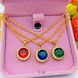 14K Yellow Chain Necklace with Red Green Gemstone Pendant