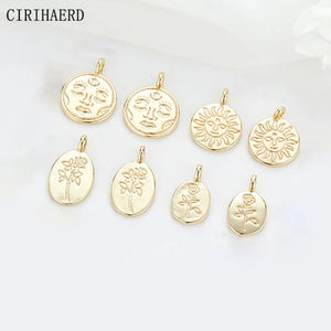 14K Plated Brass Metal Flower Charms Vintage Sun Face Pendant DIY Jewelry
