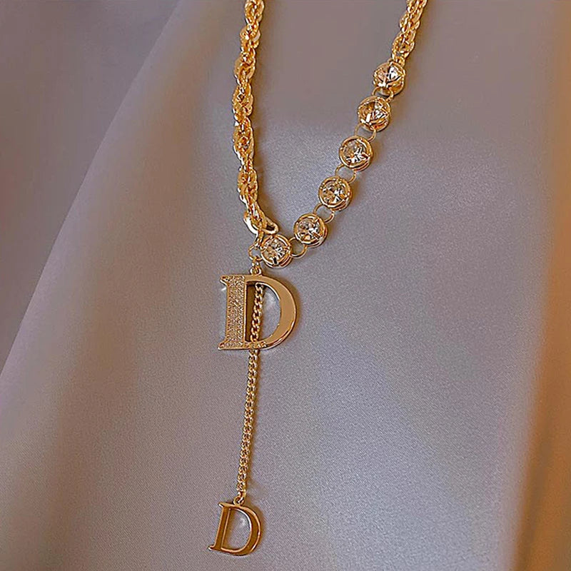 14K Plated D Letter Pendant Long Necklace Sweater Chain Women's Accessories