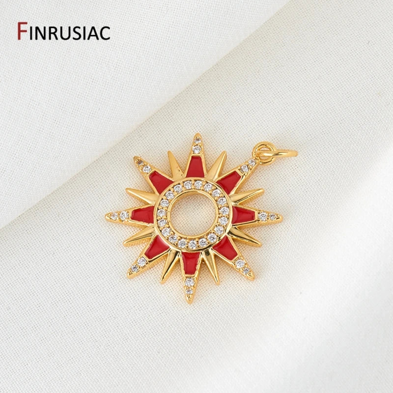 14K Gold-Plated Red Enamel Sun Pendant DIY Necklace Component