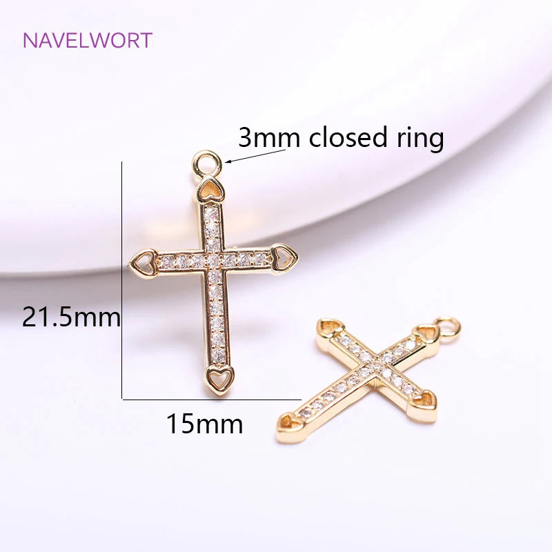 14K Plated Zircon Cross Earrings Charms, Brass Metal Pendants