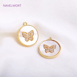 14K Plated Shell Butterfly Charm Brass Round Pendants for Women
