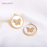 14K Plated Shell Butterfly Charm Brass Round Pendants for Women