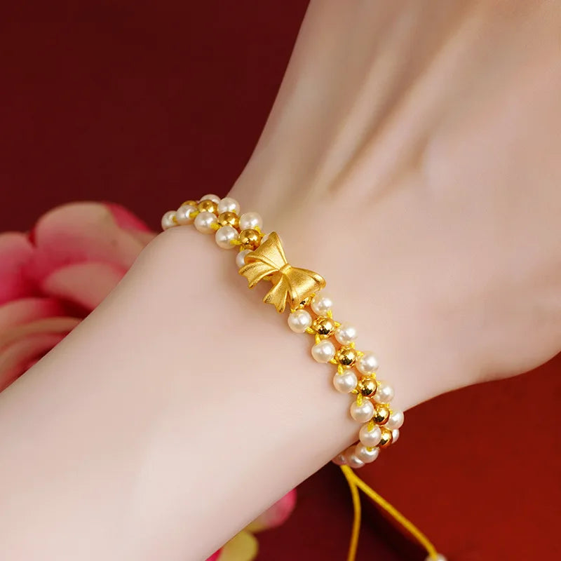14K Pearl Bracelet Women Romantic Bowknot Sandblasted Hand Chain